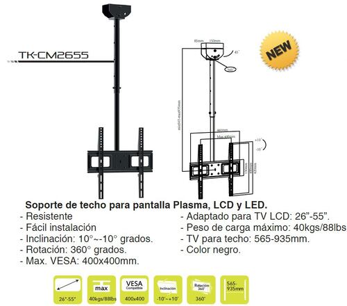 Soporte de Techo para TV Plasma, LCD y LED TAIKA TK-CM2655 360 Grados, MAX VESA 600x400mm, 26-55 Pulgadas