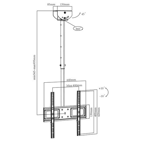 Soporte de Techo para TV Plasma, LCD y LED TAIKA TK-CM2655 360 Grados, MAX VESA 600x400mm, 26-55 Pulgadas