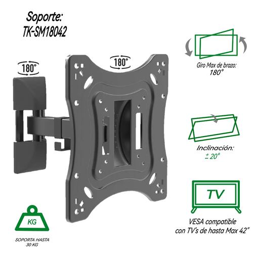 Soporte para TV TAIKA TK-SM18042 Plasma, Led, LCD 17-42 Pulgadas Rotación 180 Grados, Vesa MAX 200x200 Carga maximo-20kg