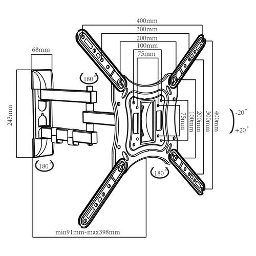 Soporte para TV TAIKA TK-SM18055 Plasma, Led, LCD 26-55 Pulgadas Rotación 180 Grados, Vesa MAX 400x400 Carga máximo 30kg