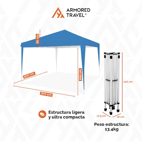 Toldo plegable Carpa retráctil Impermeable para exteriores Reforzado 3x3 m Armored Travel color Azul.