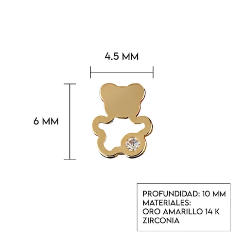 Aretes de Oro 14K broquel con circonia Oso Marca GIALLO Jewelry Joyería mexicana Oro 14K para Bebé, niñas, adultos