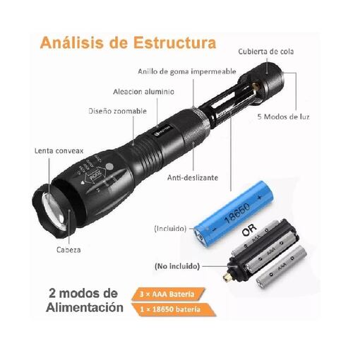 Lampara Táctica 3000 Lumens Cree Led T6 Recargable