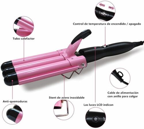 Rizador De Pelo Triple Tubo Rosa con Nero