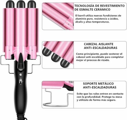 Rizador De Pelo Triple Tubo Rosa con Nero