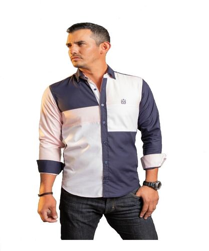 Camisa caballero blanca con zaul y rosa algodón de alta calidad Luqtari