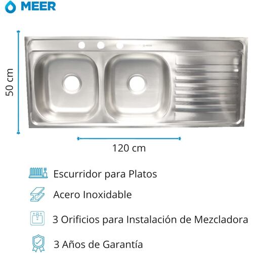 MEER Faucets by CNX | Tarja Doble para Cocina con Escurridero de Acero Inoxidable Satinado, Fregadero Doble para Empotrar, 120 x 50 x 15 cm