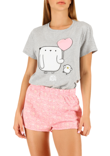 Pijama color rosa con camiseta manga corta y  short diseño Pusheen Ismar