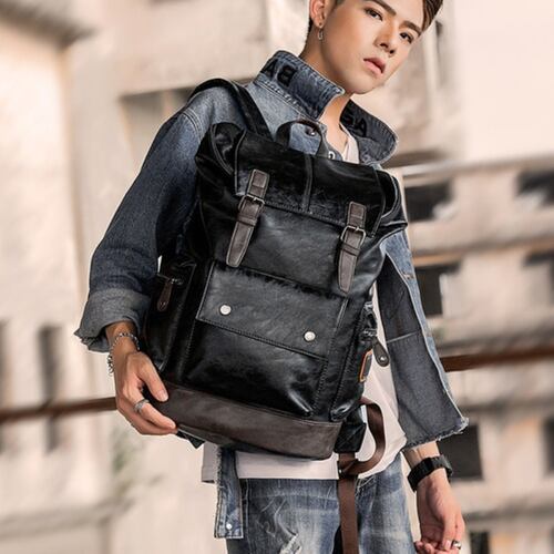Mochila De Cuero Casual Para Caballero Negra
