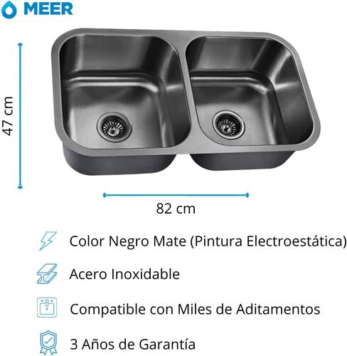 CNX, Tarja Doble en Acero Inoxidable Para Submontar, Incluye 2x Contra Canasta Negras (82 cm x 47 cm).
