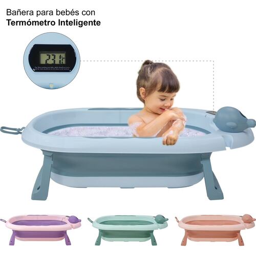 Tina Bañera Bebe Antiderrapante Portatil Regadera Plegable Azul