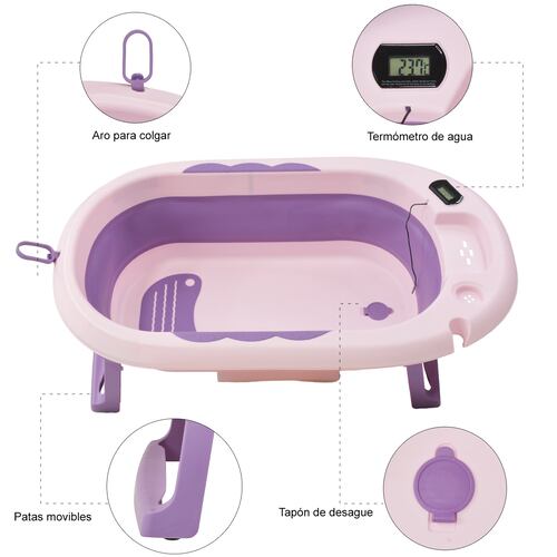 Tina Bañera Bebe Antiderrapante Portatil Regadera Plegable Morada