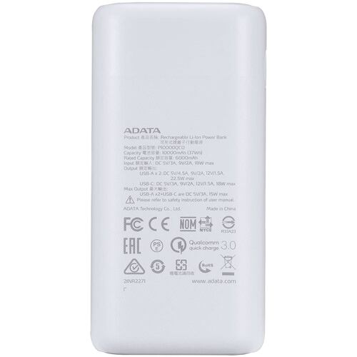 Bateria Adata P10000QCD 10000mAh Blanco USB Power Bank Cargador Portatil AP10000QCD-DGT-CWH.