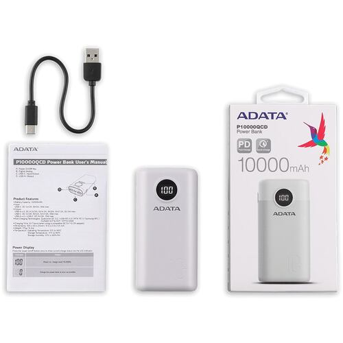 Bateria Adata P10000QCD 10000mAh Blanco USB Power Bank Cargador Portatil AP10000QCD-DGT-CWH.