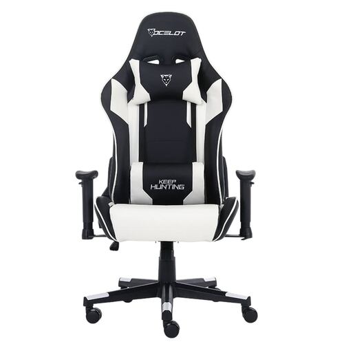 Silla Ocelot Gaming OSB-04, Negro con Blanco, de Vinipiel, Reclinable, Reposabrazos 2D, hasta 150 Kg.