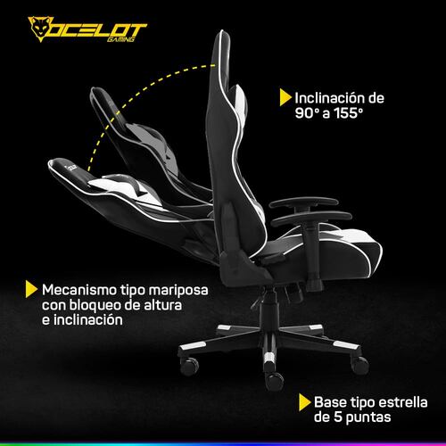 Silla Ocelot Gaming OSB-04, Negro con Blanco, de Vinipiel, Reclinable, Reposabrazos 2D, hasta 150 Kg.
