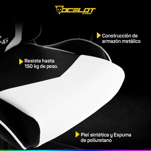 Silla Ocelot Gaming OSB-04, Negro con Blanco, de Vinipiel, Reclinable, Reposabrazos 2D, hasta 150 Kg.