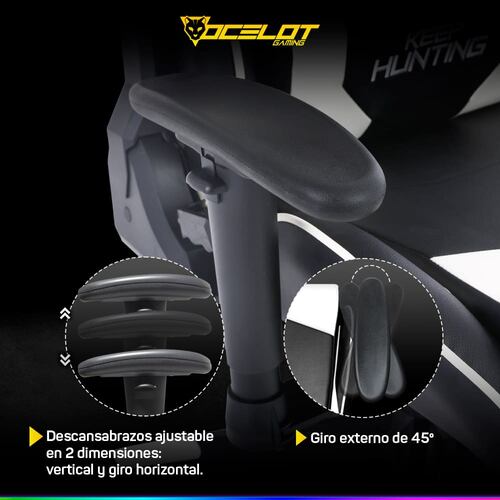 Silla Ocelot Gaming OSB-04, Negro con Blanco, de Vinipiel, Reclinable, Reposabrazos 2D, hasta 150 Kg.