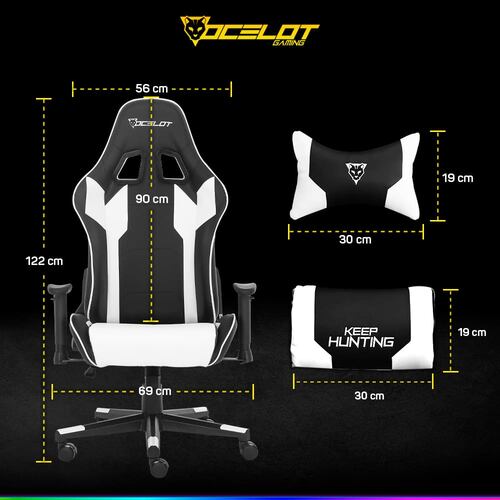Silla Ocelot Gaming OSB-04, Negro con Blanco, de Vinipiel, Reclinable, Reposabrazos 2D, hasta 150 Kg.