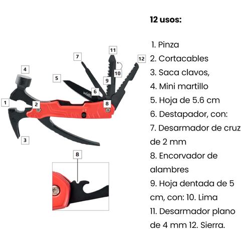 Martillo Multiherramienta 12 Usos Mango Aluminio Rojo Wallis