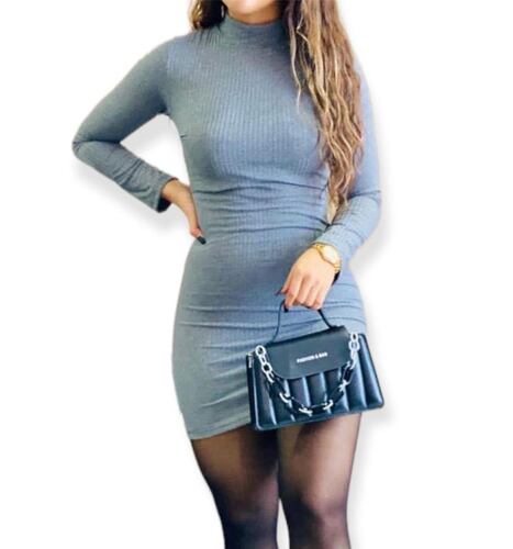 Vestido Corte Lápiz Corto, Manga Larga, Cuello Alto Rojo y gris.