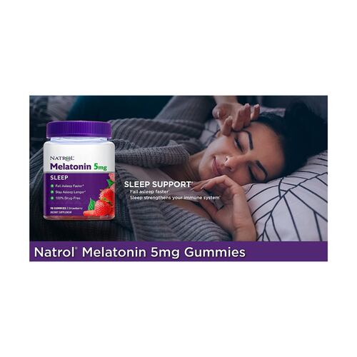 Melatonina Natrol 90 Gomitas 5mg Vegano Conciliar el sueño Sabor Fresa para Adulto.
