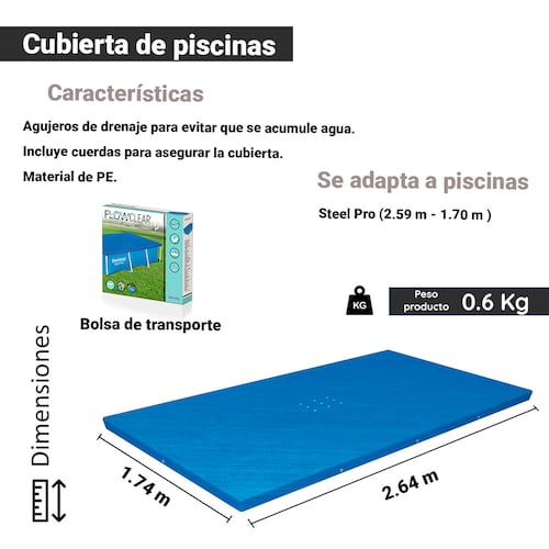Cubierta Para Piscina Rectangular 264cm Pvc Cobertor Piscina