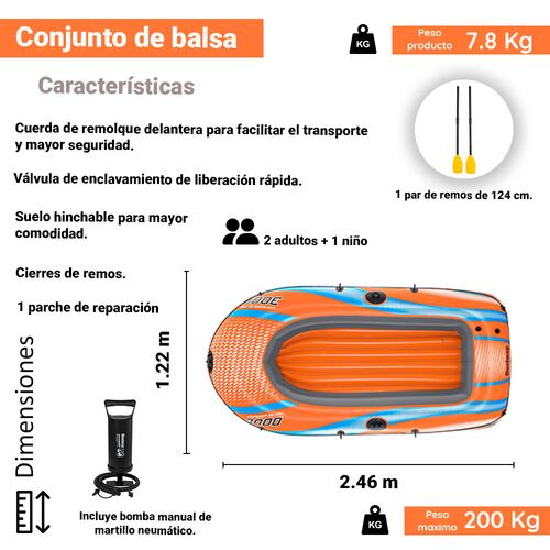 Bote Inflable Lancha Balsa Kondor Elite 3 Personas Con Remos