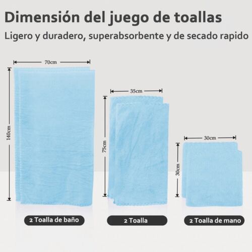 Juego De Toallas Baño Para Hotel Piscina Spa Playa 6pzs Azul
