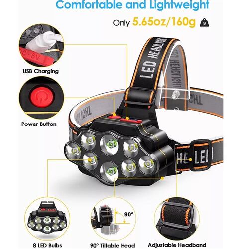 Lampara Cabeza Recargable 13000lúmenes Linterna Frontal Led