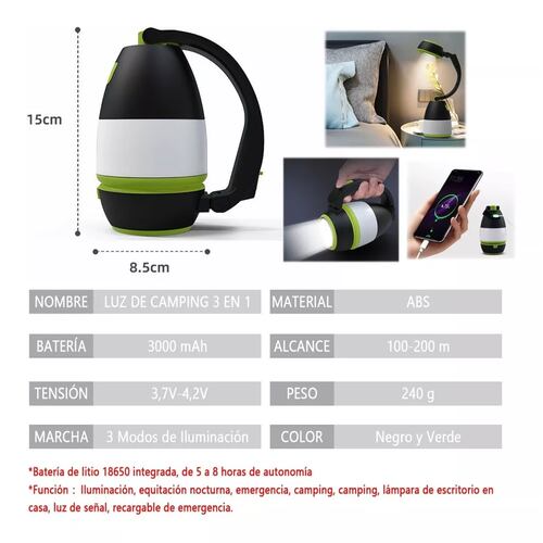 Lámpara Recargable Linterna Camping Led Para Acampar Usb