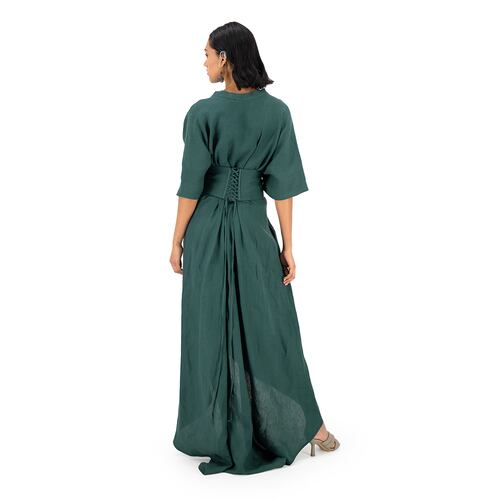 Vestido largo con corsette Merkabá x Dafne Canales verde botella lino