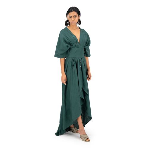 Vestido largo con corsette Merkabá x Dafne Canales verde botella lino