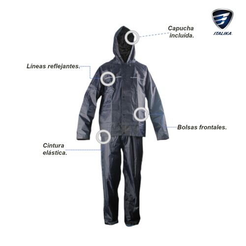 Impermeable Motociclista Italika chamarra gorro y pantalón T-L.