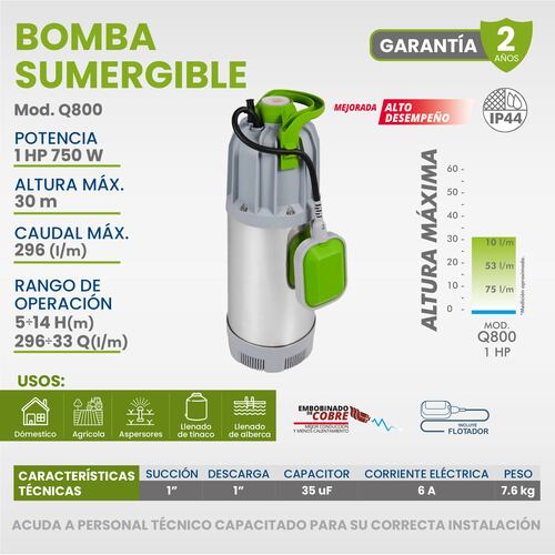 Bomba Sumergible De Acero Inoxidable 1 Hp, Igoto Q800.