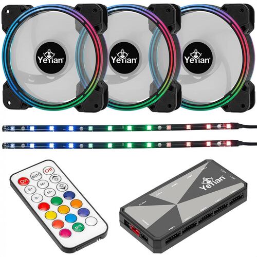 Kit YeYian ARGB 3 Ventiladores 120mm + 2 Tiras LED + Control TYPHOON LII MASTER YCF-3KFS-01.
