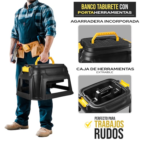AGBOX Caja Banco Taburete Para Trabajo Pesado Con Portaherramientas Strata Negro AG-HW125.