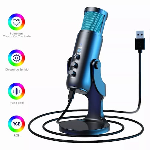 Micrófono Condensador Usb Cardioide Rgb Pc Gamer Streaming