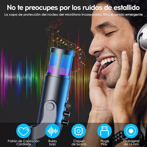 Micrófono Condensador Usb Cardioide Rgb Pc Gamer Streaming