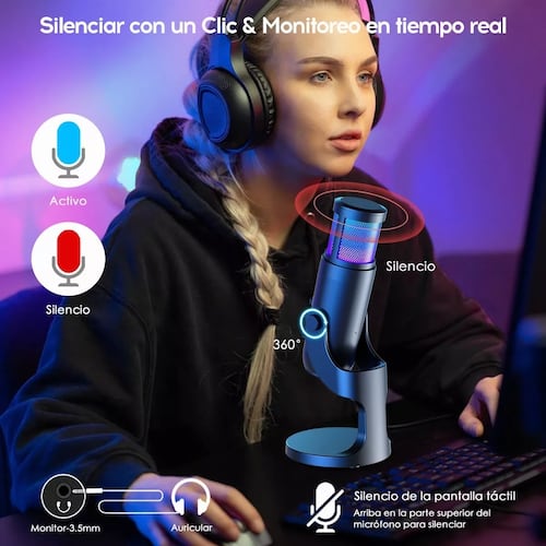 Micrófono Condensador Usb Cardioide Rgb Pc Gamer Streaming
