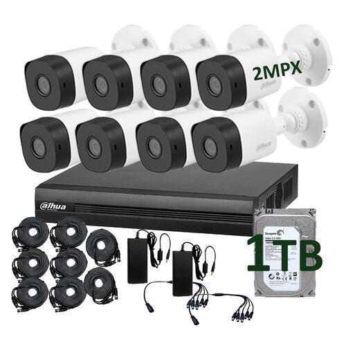Kit dahua 8 camaras de seguridad dahua bullet 2mpx, 1Tb Disco duro, Dvr 8 canales, cable siames