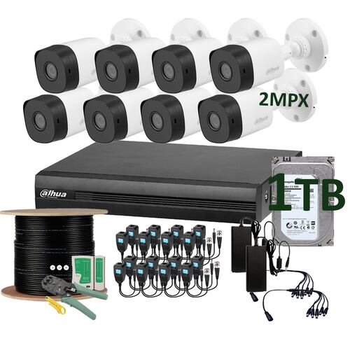 Kit 8 Camaras Seguridad Dahua cctv  Bullet 2mpx 1080p Full HD 1Tb Almacenamiento dia/noche