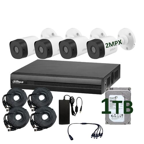 Kit CCTV 4 Camaras de seguridad video vigilancia Bullet Dahua 2mpx 1080p Full HD Deteccion de Rostros