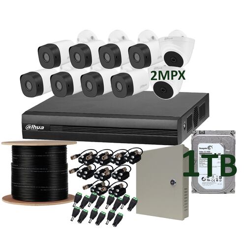 Kit cctv 8 Camaras de seguridad Dahua bullet 2 domo video vigilancia 1080p 2mpx Disco 1Tb Full HD