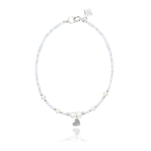 Pulsera ágata azul y perlas con corazón de plata .925, Joyería para Mujer de Anante Joyería.