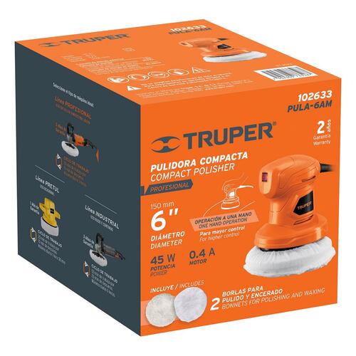 Pulidora  Compacta orbital 6" de mano 45 W, Truper incluye 2 borlas 