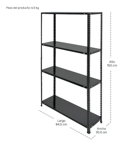 Anaquel Estante Metálico Adf 4 Niveles 150x84x30cm Negro