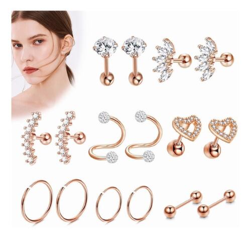 8 Pares Piercing Aretes Oreja Acero Cartílago Set Oro Rosa