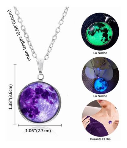 Collar De Luna Llena De Plata Brilla En Oscuridad Luminoso