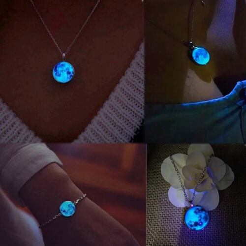 Collar De Luna Llena De Plata Brilla En Oscuridad Luminoso